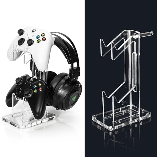 OAPRIRE Headset and Controller Stand, Space-Saving 2 Tier Game Controller Holder, Acrylic Controller and Headset Stand for Desktop, Universal Design Compatible with PS5/PS4/Xbox/Switch (Crystal Clear) - color: Clear, size: 2 Tier-without lights