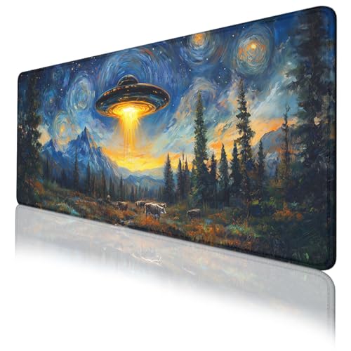 UFO Mouse Pad Fantasy Starry Night Mountain Cow Extended Mousepad Waterproof Stitched Edges Rubber Base Non-Slip Deskmap Computer Keyboard Mat Office Computer Keyboard Laptop 31.5x11.8 Inch - color: UFO_17, size: 31.5L x 11.8W inches