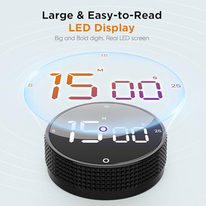 Digital Kitchen Timer - Magnetic Countdown Count Up Clock with Large LED Display, 5/15/25 Min Presets, 3 Volume Levels, Rotary Dial for Cooking, Productivity, Classroom, Fitness (1, Black) - color: Black