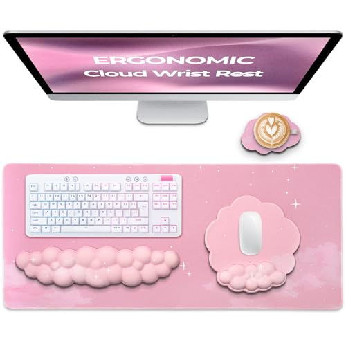 Premium Quality Cloud Wrist Rest Keyboard & Mouse Pad Set – Ergonomic Memory Foam Desk Accessories with Wrist Support for Office & Gaming – Pink - color: Pastel-pink
