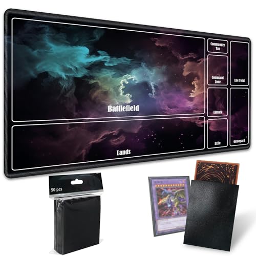 Board Game Mat TCG Playmat Plus 50 Pcs Card Sleeves, 24 x 14 inches Table Mats Games Mousepad with Zones Smooth Surface for MTG RPG CCG Trading Card Game Play Mats, Colored Smoke - color: Colored Smoke, size: Zone 1