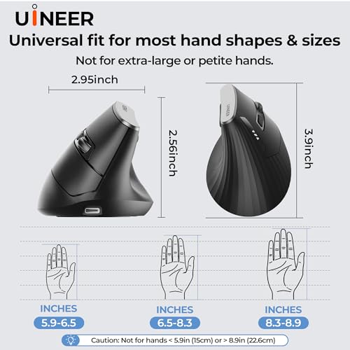 Uineer Vertical Ergonomic Mouse, Wireless Bluetooth Mouse, 3-Device,Quiet | Switch among 3 devices; side scroll wheel supports horizontal navigation for documents and spreadsheets. - color: Black