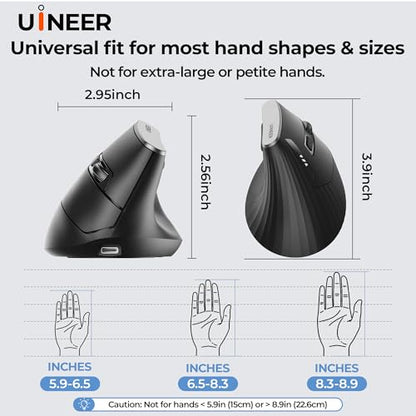 Uineer Vertical Ergonomic Mouse, Wireless Bluetooth Mouse, 3-Device,Quiet | Switch among 3 devices; side scroll wheel supports horizontal navigation for documents and spreadsheets. - color: Black