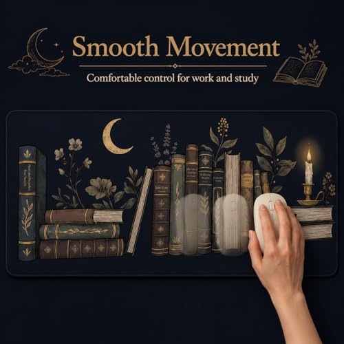 Dark Academia Desk Mat 35.4x15.7 Inch, Large Extended Mouse Pad with Bookshelf Design, Non-Slip Waterproof Desk Pad for Study, Home Office & Reading Setup - color: Black Bookshelf