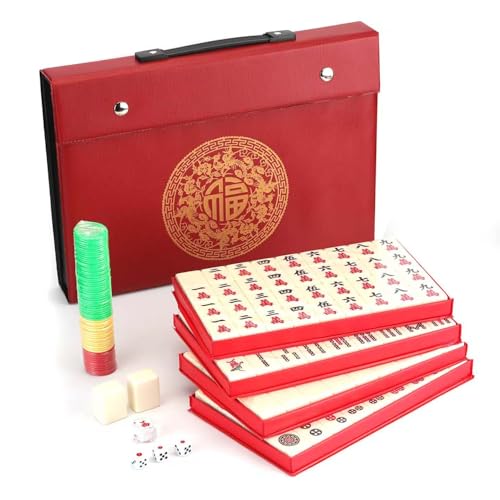 Mose Cafolo Traditional Chinese Mahjong Set – 144 Melamine 34mm Standard Size Tiles + 2 Spare Tiles, No Arabic Numerals, Travel Case, Complete Mahjong Game, Ivory - color: Ivory