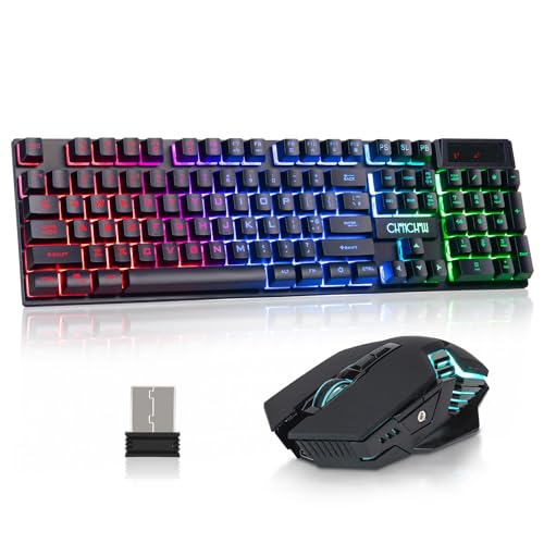 CHONCHOW USB Wireless Gaming Keyboard and Mouse Combo, LED Backlit Ergonomic Mechanical Feeling Keyboard, Rechargeable 2500mAh Battery, Anti-ghosting Keyboards 7D 3600DPI Mice for PC Gamer