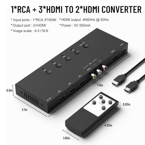 Dingsun 4In-4Out Converter, 3 Way HDMI 2.0+ RCA to 2 Way HDMI Converter for Fire Stick，ROKU, N64, NGC, Wii, PS2/3/4/5, Xbox Series, Xbox ONE, Switch ect. - style: 4in-2out(1*RCA +3*HDMI to 2*HDMI )