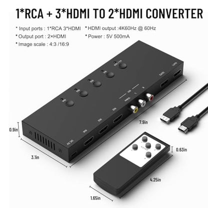 Dingsun 4In-4Out Converter, 3 Way HDMI 2.0+ RCA to 2 Way HDMI Converter for Fire Stick，ROKU, N64, NGC, Wii, PS2/3/4/5, Xbox Series, Xbox ONE, Switch ect. - style: 4in-2out(1*RCA +3*HDMI to 2*HDMI )