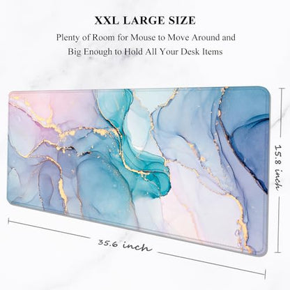 Auhoahsil Large Gaming Mouse Pad, Marble Theme XXL 35.4 x 15.7 in Desk Pad Stitched Non-Slip Rubber Long Computer Mousepad Thin Extended Full Size Desk Mat for Desktop Laptop Wireless Mice, Teal Pink - color: 06 Blue Pink Marble, size: 35.5L x 15.7W inche