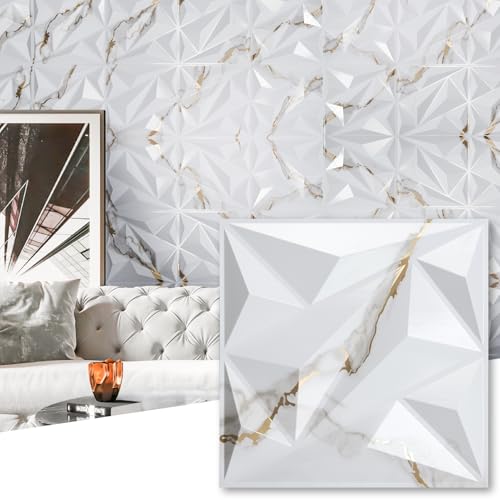 Art3dwallpanels 33 Pack 3D Wall Panel Diamond for Interior Wall Décor, PVC Textured Wall Panels, 12''x12'' Cover 32.Sq.Ft. Gold Veined White | PVC Accent Wall Panels for Interior Wall Decor, Living Room Lobby Bedroom Hotel Office - color: Gold Veined Whit