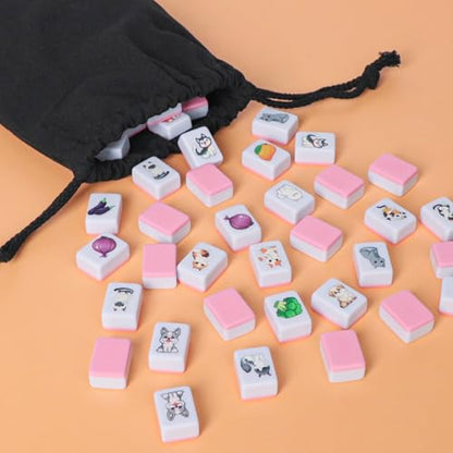 GRACIAS 4 Players Mahjong Block Set, 128 Pink Tiles(1.18”) with Animal and Food Pattern, Portable Mahjong Set with A Carry Bag, Mahjong Tile Game - color: Pink