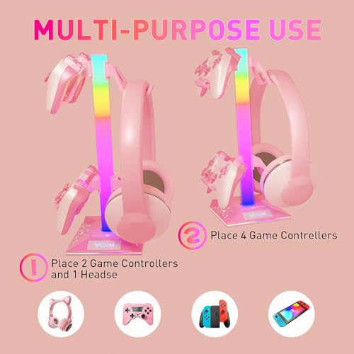 VCOM RGB Gaming Headphones Stand with 2 USB Ports, Pink Headset Stand with 10 Light Modes and Non-Slip Rubber, Suitable for PC Desk Accessories Gamers Gift(Pink)