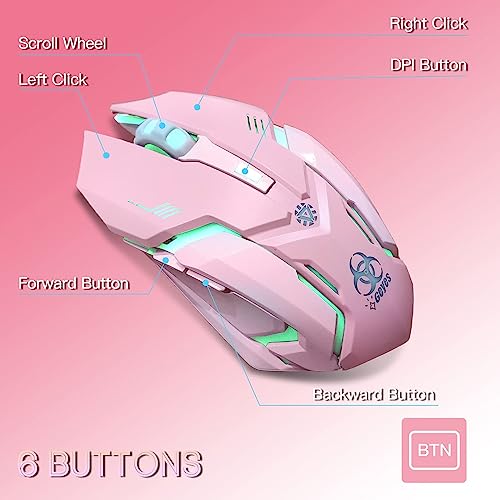 VEGCOO Pink Wireless Gaming Mouse, Silent Click Wireless Mouse with Colorful RGB LED Lights, Rechargeable Computer Mice with Side Buttons and 3 Level DPI, for Laptop and Desktop - color: Pink