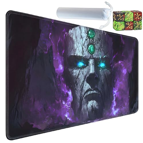 Playmat for MTG, 24x14 Inches, for TCG and CCG Trading Card Game Mat, Non-Slip Rubber for MTG Playmats with Storage Bag and 6 Dice Set, Stone Statue in Purple Flame - color: Yux-playmats-2-1A-181