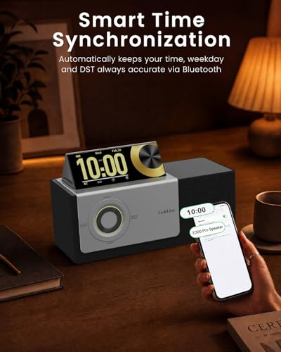 GoldJoy 7 in 1 Bluetooth Speaker Wireless Charging Station for Home Gift | Sound with Punchy Bass, Sunset Lamp & White Noise for Sleep, Smart Flip-Up LCD Display, Clock Syncs Phone's Time and Date - color: Black