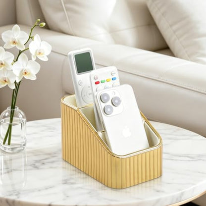 Remote Control Holder, PU Leather Nightstand Organizer Bedside Caddy with 3 Compartments, Small Desk Organizer for Remote/Pen/Glasses/Phone (Gold) - color: Gold
