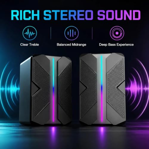 USB Computer Speakers with RGB Light, Compact Stereo Desktop Audio | Clear stereo sound with enhanced bass feel for music, movies, videos, meetings, and casual gaming.