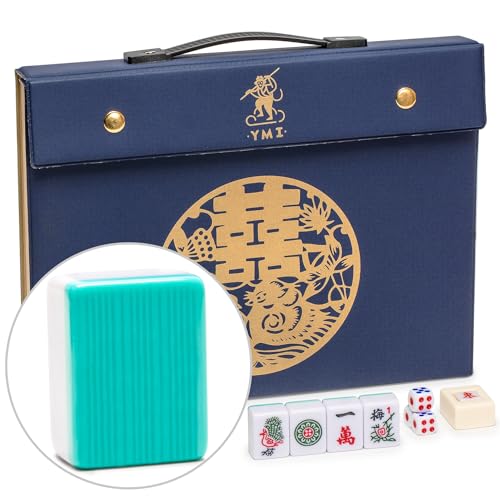 Yellow Mountain Imports “Bleau Opal” Chinese Mahjong Set with 146 Tiles and Blue Vinyl Case - for Chinese Style Gameplay Only [天體蛋白石中國麻將] | Experience Chinese Mahjong with this 146-tile set, engraved with a teal bamboo motif and authentic Chinese characte