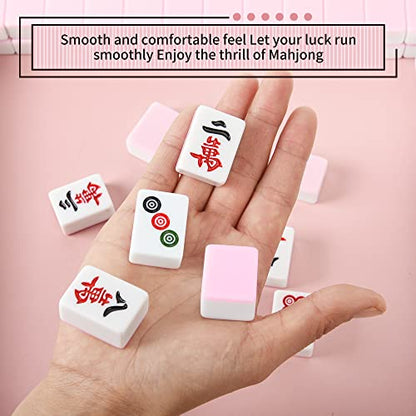 Chinese Pink 1.17 inches Compact Mahjong Set, Travel Small Size, 144 + 8 Blank Melamine Tiles, with Portable Travel Handbag Complete Mahjong Game Set - color: Pink