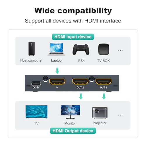 MT-VIKI 1x2 2.0 HDMI Splitter 1 in 2 Out, 4K@60Hz HDMI Duplicator/Distributor HDR Support EDID HDCP 2.2 RGB 4:4:4 18Gbps-Adapter Included (2 Ports) - size: 1x2 4K60