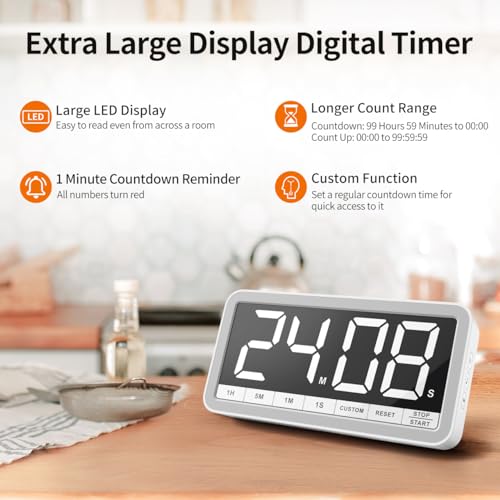 Large 7.8" Digital Timer, Magnetic LED Timer for Kitchen & Classroom | USB-C Rechargeable, Up to 99 Hours Count Up & Countdown Timer with 3 Brightness Levels, 4 Alert Modes and 3 Volume Levels - color: White