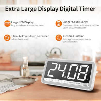 Large 7.8" Digital Timer, Magnetic LED Timer for Kitchen & Classroom | USB-C Rechargeable, Up to 99 Hours Count Up & Countdown Timer with 3 Brightness Levels, 4 Alert Modes and 3 Volume Levels - color: White