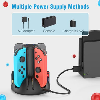 MARSDOCK Controller Charging Dock for Nintendo Switch Joycon | Charger Station Compatible with Switch OLED JoyCon, Controller Charger Stand Station with 8 Game Slots, 3.3FT Cable, LED