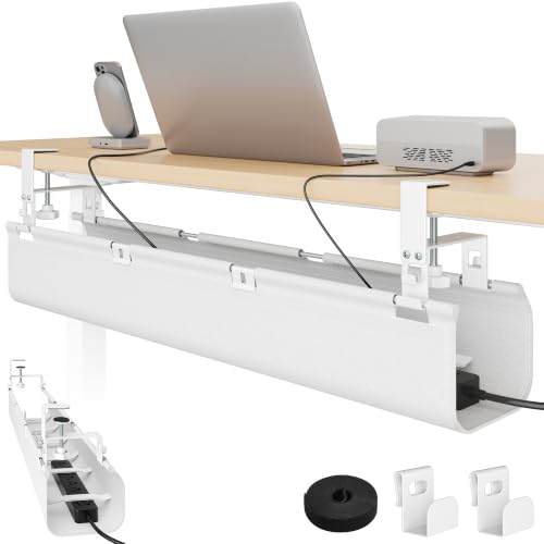 No Drill Under Desk Cable Management Tray, 31.5" Fabric Organizer | Clamp/Screw Premium Mount Cord Holder, for Power Strips, Adapters, with 2 Hooks & 1 Tie Roll for Home Office Gaming, White - color: White, size: 31.5"L × 6.1"W