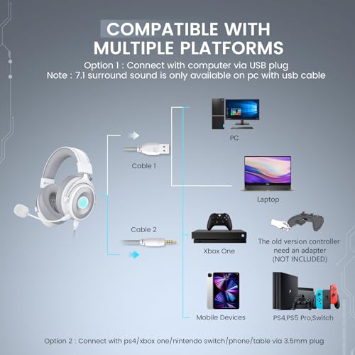 EKSA USB Gaming Headset for PC, Computer Gaming Headphones with Detachable Microphone Noise Cancelling, 7.1 Surround Sound, 50MM Driver, Wired Headset for PS4 PS5, Xbox One, Laptop (White) - color: White
