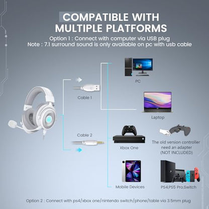 EKSA USB Gaming Headset for PC, Computer Gaming Headphones with Detachable Microphone Noise Cancelling, 7.1 Surround Sound, 50MM Driver, Wired Headset for PS4 PS5, Xbox One, Laptop (White) - color: White