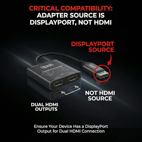DisplayPort to Dual HDMI Adapter 4K 60Hz, MST Hub Splitter | Converter Dual Monitors Extended Display SST MST Hub, Display Port Extend 1 in 2 HDMI Out, DP to 2X HDMI 2.0