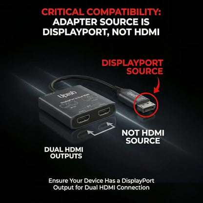 DisplayPort to Dual HDMI Adapter 4K 60Hz, MST Hub Splitter | Converter Dual Monitors Extended Display SST MST Hub, Display Port Extend 1 in 2 HDMI Out, DP to 2X HDMI 2.0