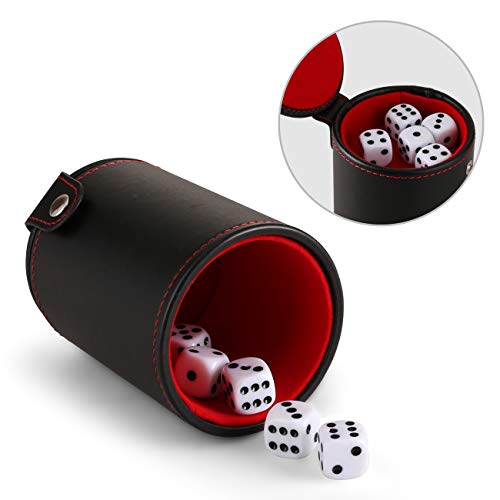 GWHOLE Leather Dice Cup with Lid & Storage Compartment, Includes 5 Dice | Quiet Felt Lined Interior, Secure Snap Lid, For Yahtzee, Farkle, Backgammon, Bar Birthday Party Craps Games - color: Red