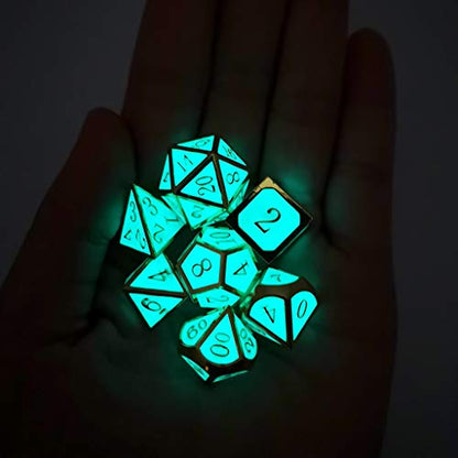 Haxtec Gold Glowing Blue Metal DND Dice Set Glow in the Dark Enamel D&D Dice with Dragon Eye Leather Dice Bag Compatible with Dungeons and Dragons TTRPG Gift for DND Lovers DM Masters - color: Gold Blue Green