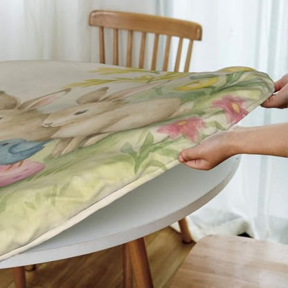 Famame Easter Rabbits Egg Flowers Round Fitted Tablecloth with Elastic Protector Table Kitchen Dinner Waterproof Oil-Proof Table Covers Fits 40"-44", Small - color: Easter Rabbits Egg Flowers, size: Small (40"-44")