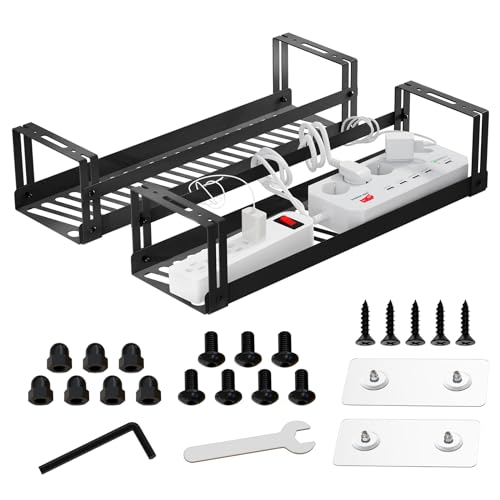 PAVSTINE 2 Pack Under Desk Cable Management Tray, 17 in | Dual Mount Adhesive & Screw, Metal Wire Basket, Holds Up To 15 Lbs, Power Strip Holder Cord Hider for Home/Office Desk - size: 17 inch Cable Tray×2 Pack
