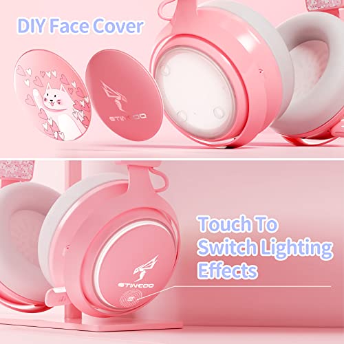 EASARS Pink Gaming Headset GS510, Wired, Over Ear, Cat Ear Design with RGB Lighting, 7.1 Surround Sound, Retractable Mic, Compatible with PC, PS4, PS5 - color: Pink, style: Wired