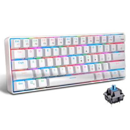 abucow 60% Wireless Mechanical Gaming Keyboard Bluetooth 2.4G RGB Backlit Anti-Ghosting Compact 61-Keys Mini White Keyboard with Blue Switch for Windows Laptop PC Gamer Typist