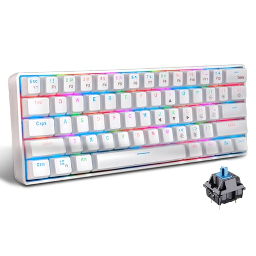 abucow 60% Wireless Mechanical Gaming Keyboard Bluetooth 2.4G RGB Backlit Anti-Ghosting Compact 61-Keys Mini White Keyboard with Blue Switch for Windows Laptop PC Gamer Typist