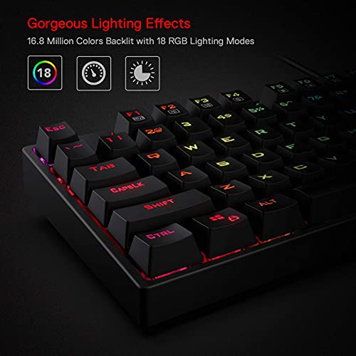 Redragon K582 Wired RGB Mechanical Gaming Keyboard, 104-Key Standard Layout | 16.8M Color Immersive eSports Lighting Vibe, N-Key Rollover for Accurate Combos, 50M-Keystroke Durability, Customize Software - color: Black