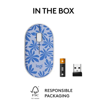 Logitech M340 Compact Ambidextrous Silent Wireless Mouse - Blue Floral | Silent clicks, with 2.4 GHz USB-A Nano Receiver, 3 non-customizable buttons, 18-months battery, Windows Mac Chrome compatible - color: Blue Floral
