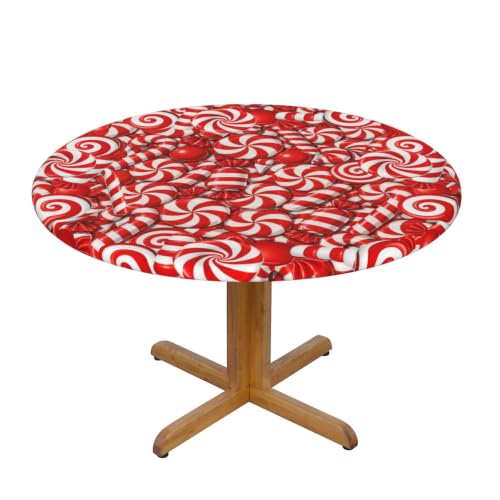 Swirl Candy Christmas Tablecloth Elastic Fitted Table Cloth Round Table Cover Washable Reusable for Kitchen Dining Picnic Party Fit Table 40-44 Inch - color: Swirl Candy S, size: 40" (Round)