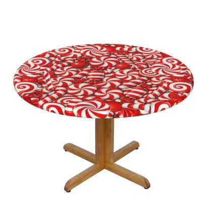 Swirl Candy Christmas Tablecloth Elastic Fitted Table Cloth Round Table Cover Washable Reusable for Kitchen Dining Picnic Party Fit Table 40-44 Inch - color: Swirl Candy S, size: 40" (Round)