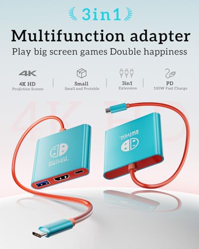 Portable TV Adapter Dock Station for Nintend0 Switch/Steam Deck/MaBook | 4K60Hz TV dock for Switch/Steam Deck, 3-in-1 (HDM1+PD+USB), compact travel-ready, plug&play, also works with laptops/phones