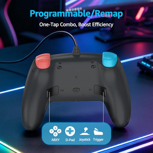 Akalyptra Wired Pro Controller for Switch 2/1/PC, Hall Effect Joysticks Gaming Controller with 2 Back Buttons Support Remap/Programmable, Motion Gyro Control, Cool RGB Light, 3.5mm Audio Jack, Dual Vibration(Black)