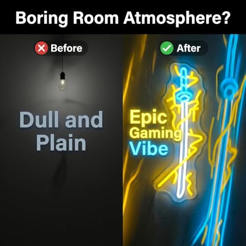 Anime Style Lightning Sword Neon Sign - Yellow & Blue LED Wall Art, USB Powered Dimmable Graffiti Light with 6-Level Brightness, Acrylic Backboard Hanging Lamp for Gaming Room, Bedroom, Man Cave (16.5 x 6.3 Inch) - color: YELLOW