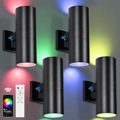 RGBCW Outdoor Wall Light 4 Pack, Smart Porch Light Dusk to Dawn Lighting with Remote Control, WiFi Outdoor Wall Sconce, Compatible with Alexa, Exterior Lights for House Porch Garage - color: Black-Cylinder 1, size: 4 Pack