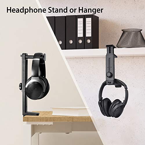 HS906 Headphone Stand & Hanger 2 in 1, Above & Under Desk | Gaming Headset Holder Mount Hook with Height Adjustable & Rotating Clamp, Earphone Rack with Cable Clip