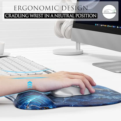 MROCO Ergonomic Mouse Pad with Gel Wrist Rest, 9.4 x 8.1 in, Ocean Marble | Ergonomic Shape Design, Multiple Pattern Options, Gel Wrist Comfort, Smooth Lycra Surface, Non-Slip PU Base - color: Ocean Marble