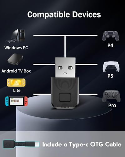 Bluetooth Adapter for PS4/PS5/Switch, Wireless Controller Adapter, Compatible with PS4, PS5, Switch, Windows PC, Android TV Box, Steam | Wireless Controller Adapter Compatible with PS4, PS5, Switch, Windows PC, Android TV Box & Steam